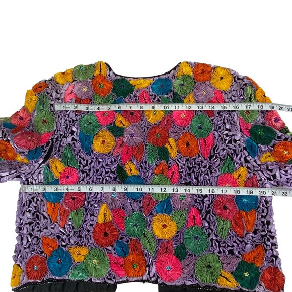 Vtg Precious Moments Floral Silk Jacket | M/L | Applique Beaded | Art to Wear - Picture 8 of 13